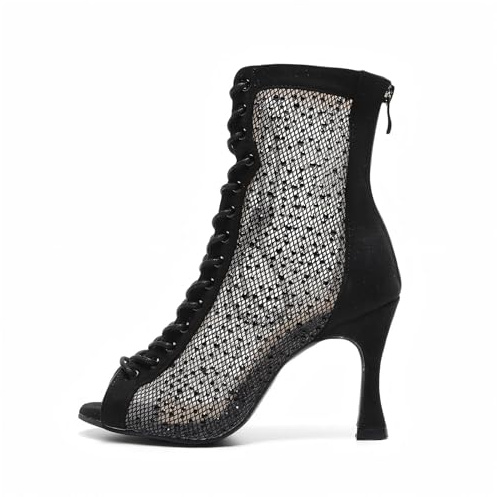 HROYL Botas de Baile Latino Mujer Punta Abierta Botas de Baile Tobillo para Salsa Bachata Tango Práctica Performance de Salon DS7180-Negro-8.5-S, 38.5 EU