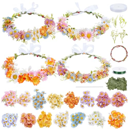 FREEBLOSS 4 Set Kit Corone Di Fiori Fai Da Te 60Pcs Corona Di Fiori Margherita Kit Per Corone Di Fiori Fai Da Te Accessori Per Capelli Fatti A Mano Per Il Matrimonio