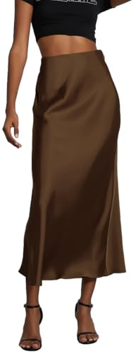 OLIPHEE Jupe Longue Femme Jupe Satin Taille Haute Elastique Robe Femme Robe Satin Ligne A Couleur Unie Casual Chic Élégante Soirée Marron S