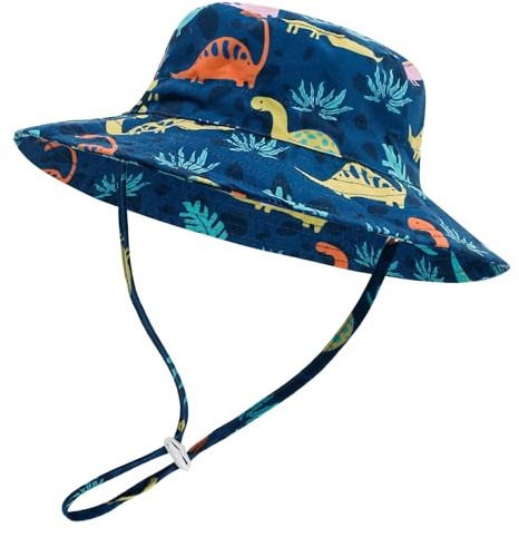 LACOFIA Sombrero Sol para Bebé Niño Gorro Verano de Pescador para Niñas Ajustable Borde Ancho para Playa/Piscina/Exteriores/Natación Dinosaurio Azul Marino 0-6 Meses