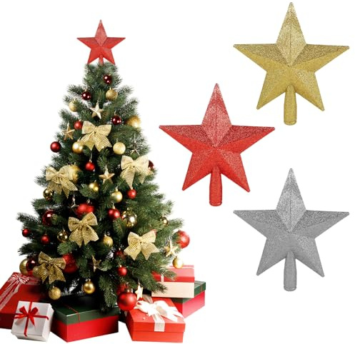 NOLACE Lot de 3 pointes de sapin de Noël à paillettes - 20 x 20 cm - Rouge - Or - Argent - Pour Noël, le Nouvel An et la décoration de sapin de Noël