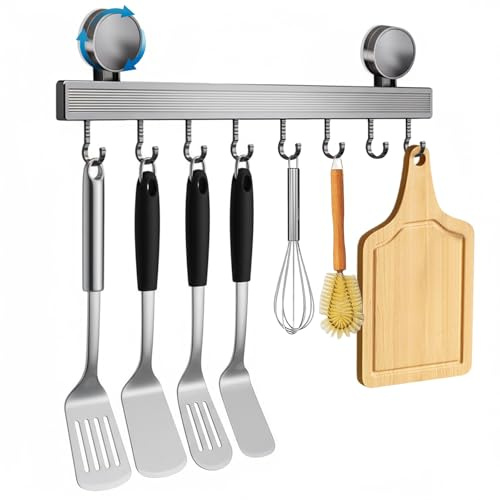 Dwitkul Porta Utensili da Cucina con Ventosa | Lunghezza 40 cm, portata 10 kg, 8 ganci mobili | Barra da cucina per utensili da cucina, camera da letto, bagno