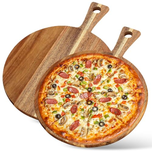 Juego de 2 platos de pizza de madera, tabla redonda de 30 cm con asa, tabla de cortar para pizza, pan, queso, charcuteria, tartas flameadas y pasteles
