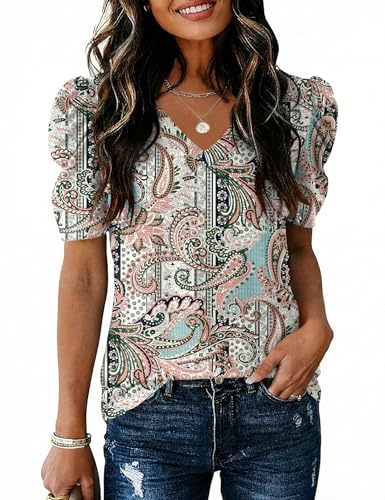IECCP Puff Sleeve Tops for Women Summer Short Sleeve Shirts Loose Fit Fashion Floral Print Blouse Ethnic Paisley L