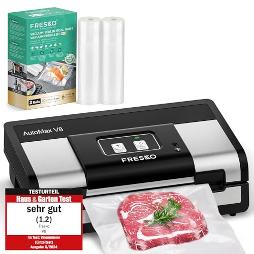 FRESKO Testsieger Vakuumier-Set Automatisches Vakuumiergerät (18L/min, Note 1,2) mit 2 Zusatz-Rollen 20cm x 6m & Aufbewahrungsbox Ideal für kleine Portionen, inkl. 2 Rollen (20+28cm)