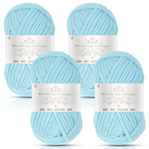 Vincona Chunky Yarn 4 x 100g Multi-Colored Soft Chunky Wool for Hand Knitting, Thick Yarn for Knitting 100g Balls, Soft Fluffy Velvet Thick Knitting Yarn for Crochet Blankets, Amigurumi Aqua Blue