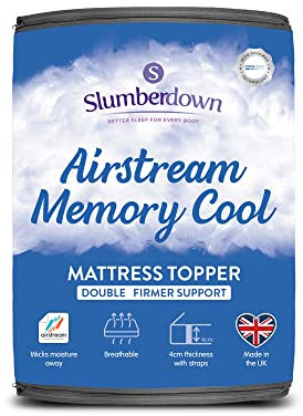 Slumberdown Memory Cool Mattress Topper Double Bed - 4cm Breathable & Supportive Cooling Pad for Hot Sleepers | CoolMAX® Knit Cover, UK-Made, Non-Allergenic, Elasticated Straps (135 x 190cm)