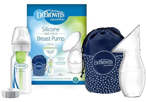 Dr. Brown's 100% Silicone One-Piece Breast Pump, Hands-Free Breast Milk Collector with Anti-Colic Options+ Baby Bottle, 4 oz with Slow Flow Nipple, Travel Lid and Travel Bag