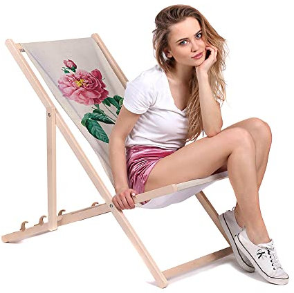 DreamRoots Liegestuhl Klappbar Holz aus Buchenholz, bis 130 kg belastbar, 3-Fach verstellbare Rückenlehne, waschbarer Polyesterbezug