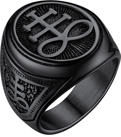 FaithHeart Chevalière Léviathan de Croix Satanique Noir Acier Inoxydable Anneau Sceau de Leviathan Satanique Taille 56.5