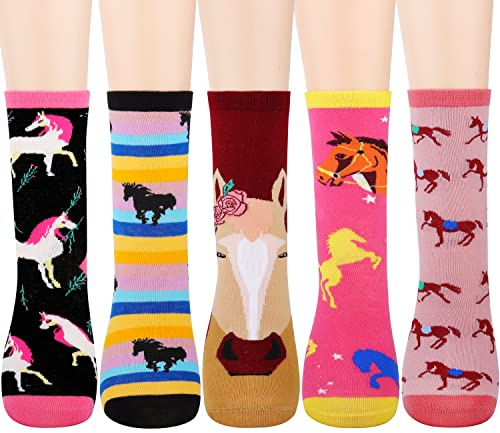 Jeasona 5 Pairs Kids Horse Socks for Girls - Cotton Cute Stocking Stuffer, Horse Lover Gifts for Daughter