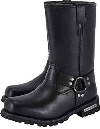 GARGOYLE BELLS Mens Harness Straps Motorcycle Leather Boots Black Waterproof Biker Boots For Men- Low Heel Riding Boots