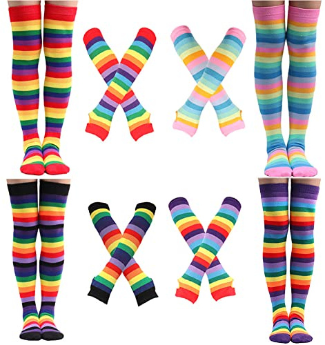 Barrlves 4 Sets Womens Striped Knee High Socks Long Knit Arm Warmers Fingerless Gloves for Halloween Costume (4sets Striped Rainbow)