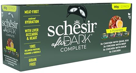 Schesir After Dark, Variety Pack, en Mousse, Alimento Húmedo Completo para Gatos, en Lata, Sin Cereales, Alto en Proteínas, Rico en Hidratación, 12 x 80g