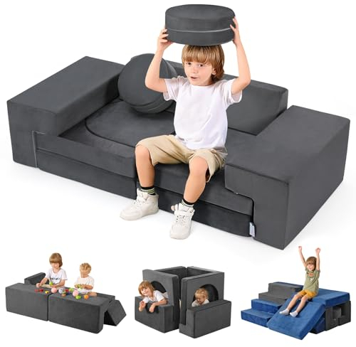 Kidirect Spielsofa, Kindersofa aus Schaumstoff Bausteine - Spielsofa für Kinder & Kuschelecke im Kinderzimmer [OHNE Harte Teile], Grau