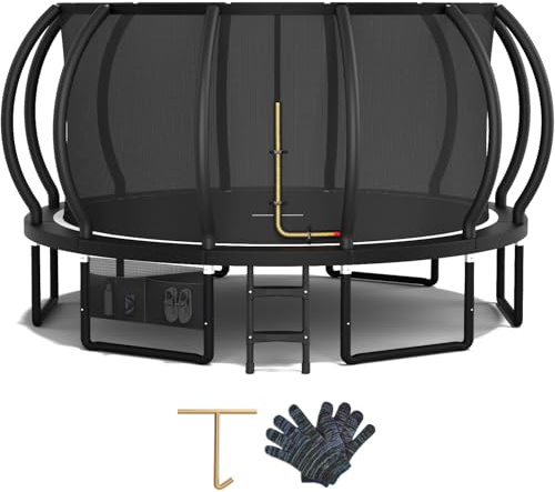 Devoko Trampolino da Esterno Ø 228/305/366/427 cm, Certificazione GS, per Bambini, con Rete di Sicurezza, Scala, Design a Zucca, Portata Massima 150 kg