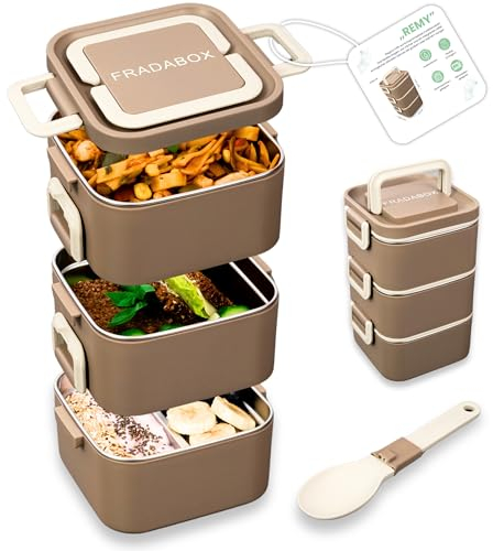FRADABOX® Bento Lunchbox „Remy“ 2100ml, 3 Etagen mit Fächern und Besteck, Premium Edelstahl Dose, BPA-freie Brotdose groß, Meal Prep Bento Box für Erwachsene, spülmaschinen- und mikrowellengeeignet