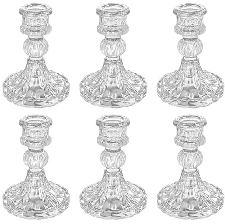 ECHFSM Glass Candlestick Holder,Striped Taper Candle Holders,Set of 6 Candle Stand for Table Centerpieces, Home Decor,Weddings,Festival and Parties (Clear Stripe Pattern)