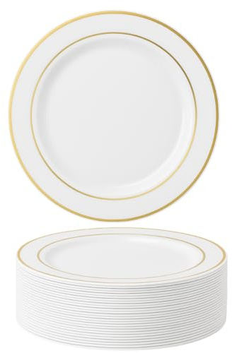 MATANA 50 Assiettes en Plastique Blanc Premium avec Bordure Dorée (26cm) - Assiettes Blanches Solides, Réutilisables et Élégantes pour les Fêtes, les Mariages, les Anniversaires