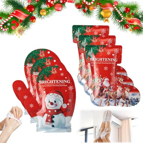Fußmaske Handmaske Weihnachtsgeschenke, Weihnachten Fußpflege Set mit 3 Paar fußmaske und 3 Paar Hand Mask, Handmaske für sehr Trockene hände, Fuß Peeling Maske für harte Haut (6 Stück)
