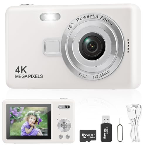 Digitalkamera Fotokamera mit 64GB Karte, 1080P FHD 40MP Kinder Kamera 2.4 LCD, Wiederaufladbare Kamera fotokamera mit 8X Digitalzoom digicam für Kinder, Erwachsene, Mädchen, Jungen (Weiß)