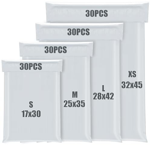 KOMABLEN 120Stk Versandtaschen, 4 Größen Selbstklebend Versandtüten für Kleidung, Blickdicht Wasserdicht Weiße PE Versandbeutel, Abrasionsbeständig groß Pakete für 120 Micron Autoadesive Borse
