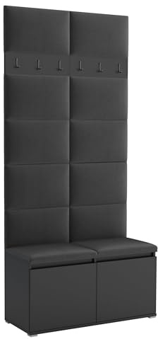 Brent - Garderobenschrank Flur Schwarz mit sitzbank 100 cm Breit Luton 1 - Multifunktionale Flurgarderobe Set mit Stauraum und Wandpaneel, Garderobe mit Sitzfläche und Kleiderhaken