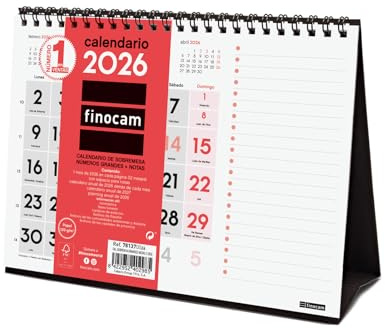 Finocam - Calendario de Sobremesa Números Grandes 2026 Mes Vista Enero - Diciembre (12 meses) | Calendario 2026 | Planificador mensual Neutro - Español