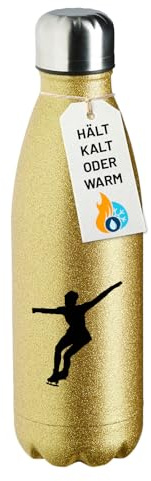 Huuraa Glitzerflasche Eiskunstlauf Silhouette Geschenk 500ml Gold Wasserflasche Eiskunstlauf Mitbringsel