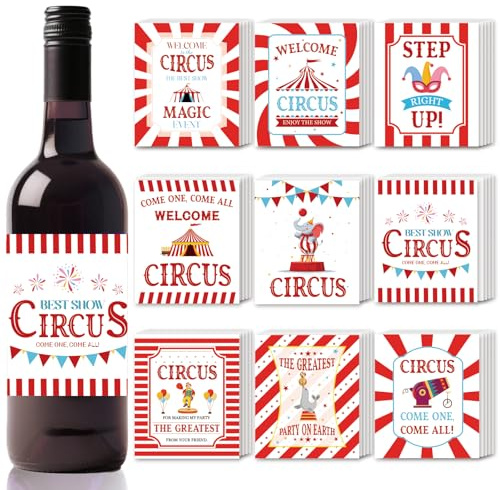 SUPERDANT Paquete de 45 etiquetas de vino de circo, impermeables, coloridas decoraciones de fiesta de carnaval, autoadhesivas, duraderas, envolturas de regalo para decoración de vino y whisky de 750