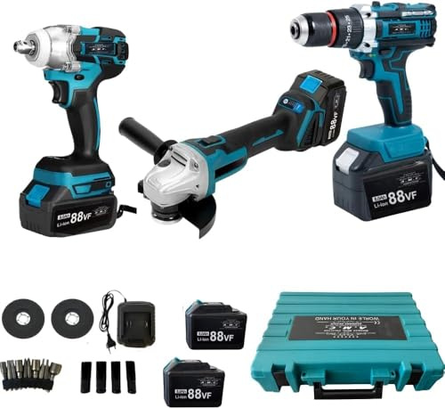 Kit Completo Professionale Fai da Te 3 in 1 con Trapano Avvitatore a Batteria, Smerigliatrice Angolare a Batteria, Trapano ad Impulsi Svita Bulloni 88v