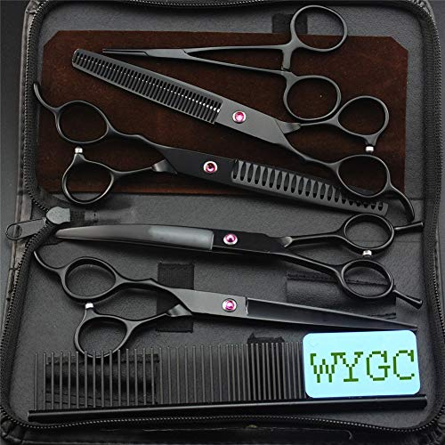 WYGC PETS Professionelles Linkshändig Hundepflege Schere Einstellen mit 7,0 Zoll Schneideschere,2 Effilierschere und Gebogene Schere Perfekt zum Linke Hand Friseur und Heimgebrauch Schwarz