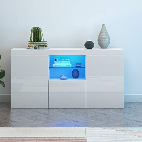 Panana Sideboard Storage Cupboard High Gloss Front Cabinet RGB Multicolor LED Lighting with 3 Doors and Shelves (White)