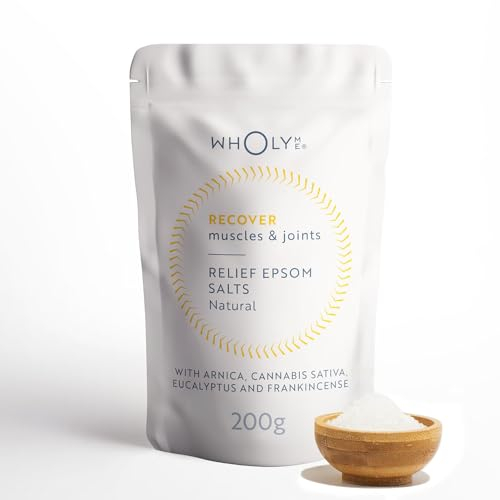 WholyMe Epsom Salt Bath Salts - Natural Bath Soak for Muscle and Joint Recovery with Arnica, Frankincense and Eucalyptus Essential Oil - Great for Post Workout and Relaxation - 200g