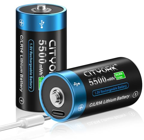 CITYORK Pilas C recargables con cargador USB-C, iones de litio de 1,5 V, 5500 mWh, carga en menos de 2 horas, más de 1000 ciclos, con cable de carga USB-C, indicador de carga LED, paquete de 2