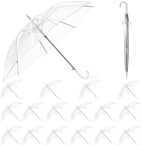 Hestya 16 Pack 37.4 Inch Clear Umbrellas for Wedding - White Transparent Dome See Through Windproof Umbrella with Semi-automatic Handle for Woman, Men, Bride, Bridesmaid, Party
