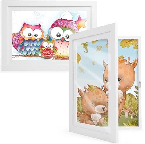 Kromapolis 2 marcos de fotos blanco para dibujos infantiles, A4, material MDF respetuoso con el medio ambiente, A4, arte infantil, marco de collage de fotos