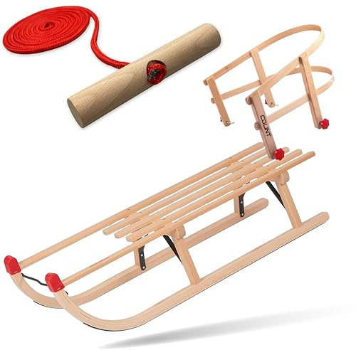 Explorer Colint Holzschlitten mit Rückenlehne für Kinder ab 1 Jahr und Erwachsene Set Schlitten Davos mit Leine und Vollholz Lehne in Rot 100cm Alpina Fun