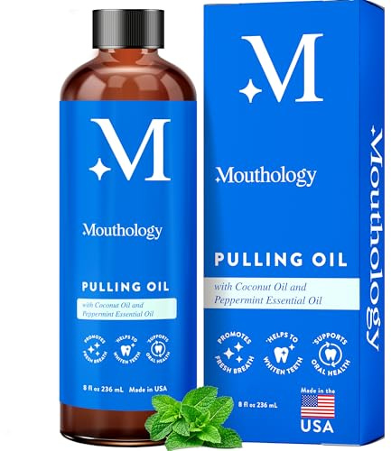 Mouthology Coconut Oil Pulling for Teeth and Gums 8oz (Made in USA), Whitening Pulling Oil Coconut Mint Mouthwash for Fresh Breath Ayurvedic Oil Pulling Mouth Gum Health Oral Care Scraper Oral Care