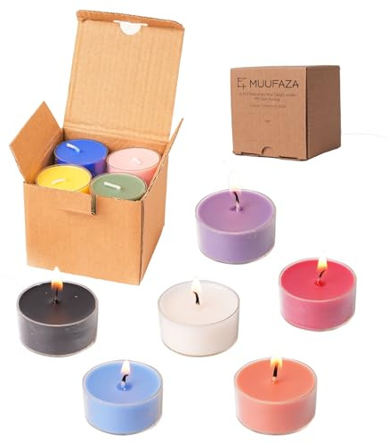 MUUFAZA 12 Coloful Unscented Natural Soy Tealight Candles in Clear Cup