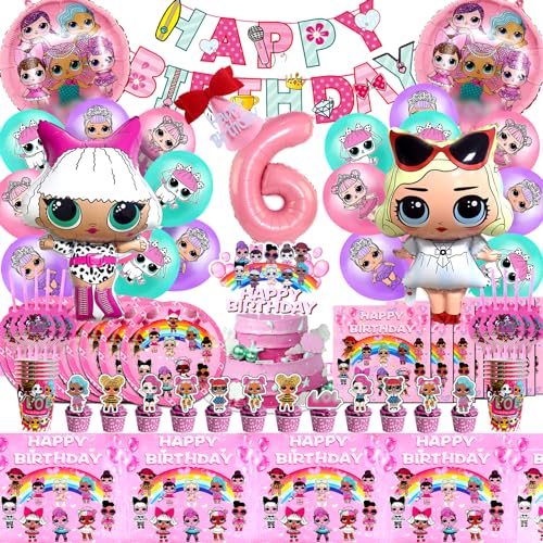 Lol Decorazioni Compleanno 6 Anni,101 pezzi Stoviglie per Feste di Surprise,Palloncini Surprise,Surprise Addobbi Tovaglia,Piatti,Tovaglioli, Tovaglia,Tazza,Decorazioni Compleanno Ragazza