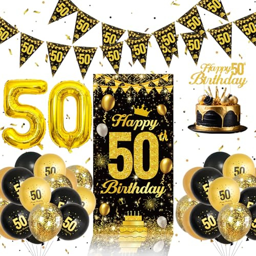 Kit Decorazioni Compleanno - Palloncini Neri Oro, Striscione Buon Compleanno, Topper Torta, Palloncini e Festoni per 50 Anni Donna Uomo