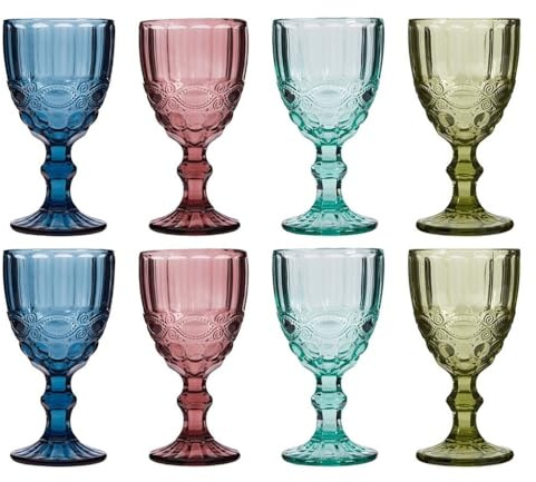 Wine Glasses Set of 8 Embossed Vintage Style Wine Goblet Set (Assorted) | Glassware Set, Wine Goblets, Coloured Glass, Dishwasher Safe, Footed, Chalice, Tumblers, Embossed, Alfresco Dining