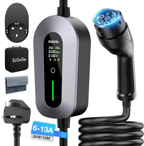 EzGoGo EV Charger Cable Type 2 to 3 Pin Plug 49.21Ft/15M Electric Car Charger 3kW, [6/8/10/13A] Type 2 Charging Cable 3 Pin EV Charger IP65 Advanced Protection Suitable for EVs & PHEVs