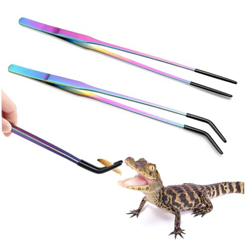 2PCS Stainless Steel Reptile Feeding Tongs with Rubber Tip, 10.6 Straight & Curved Long Tweezers, Perfect for Aquariums & Crafts - Ideal Bearded Dragon & Snake Tank Accessories, Terrarium Supplies