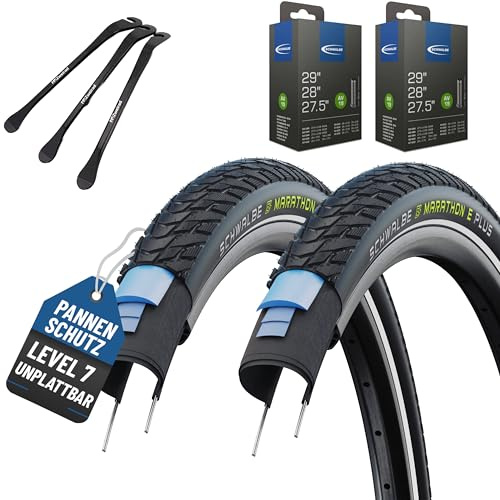 2er Set Schwalbe Reifen Marathon E Plus 28x1.75 (47-622) oder 28x2.00 (50-622) Reflex auswählbar mit wählbar Schläuchen + 3 MSZweirad Metall Reifenheber E Bike (AV Schläuche, 28x2.00 (50-622))