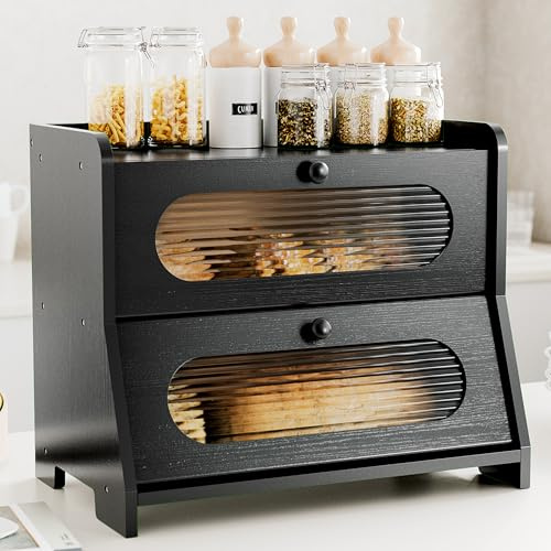 Stylstoreazy Large Bread Bin for Kitchen,Two Tier Bamboo Bread Box,Bread Storage Containers,Storage Box for Kitchen Countertop with Stiped Window,Black