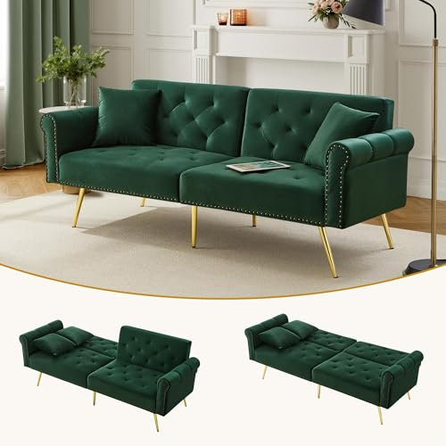 ALAMHI Modernes 2 Sitzer Sofa,Schlafsofa aus Samtbezug,Couch, Klappsofa mit Verstellbare Rückenlehne, Deluxe Sofa mit Schlaffunktion– Polstersofa für Wohnzimmer, Wohnung, Buro (Antique Green)