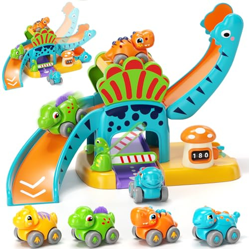 Coche de Dinosaurios para Niños 1 2 3 Años, Juguete Educativo con Tobogán y Aparcamiento, Desarrollo Motricidad y Creatividad, Regalo para Niños y Niñas 1-3 Años