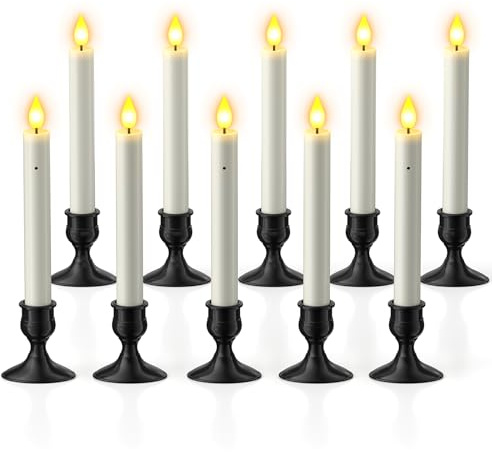 SoulBay Battery Flameless LED Taper Candles with Dusk to Dawn Sensor, 10pcs LED Candlesticks Christmas Window Candles with Black Holders for Home Room Table Wedding Halloween Christmas Decorations